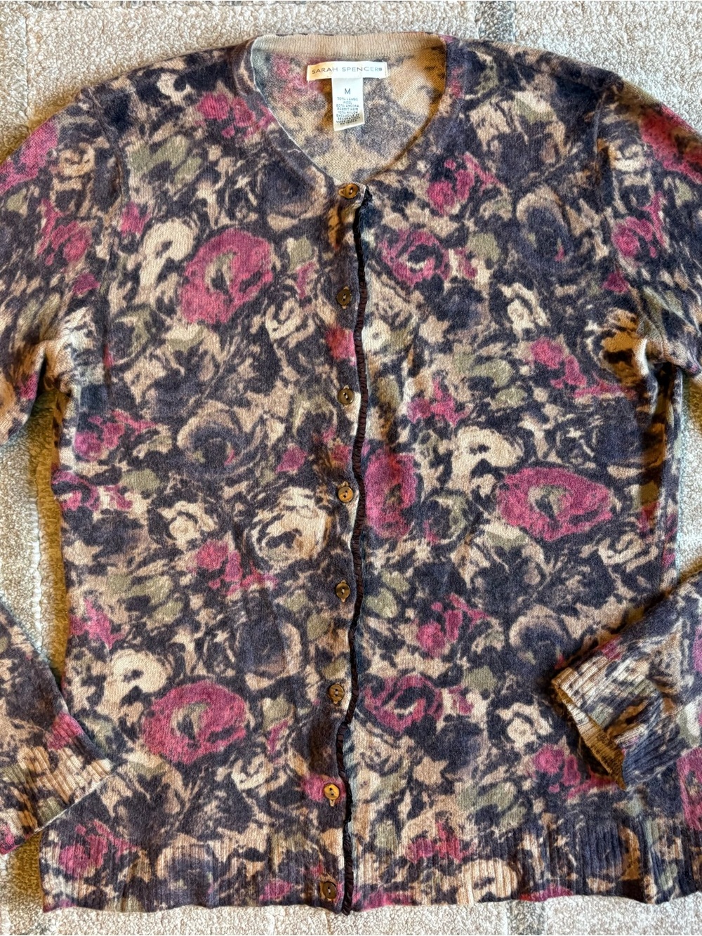 Sarah Spencer Sweater Womens Brown Pink Floral Angora Lambs Wool Cardigan Roses
